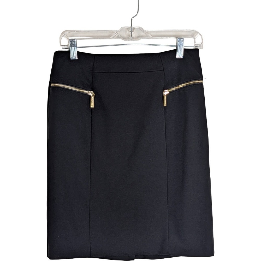 Michael Kors Pencil Skirt Womens 8 Black Gold Zipper Accents Knee Length Stretch